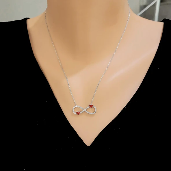 925 Ayar Gümüş Sonsuzluk ve Kırmızı Mineli Kalp Kolye ürün görseli 1