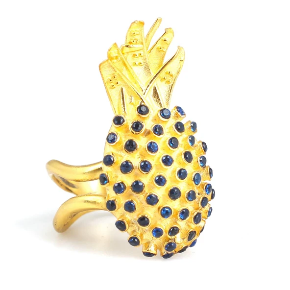 925 Ayar Gümüş Mavi Taşlı Altın Yaldızlı Ananas Yüzük ürün görseli 1