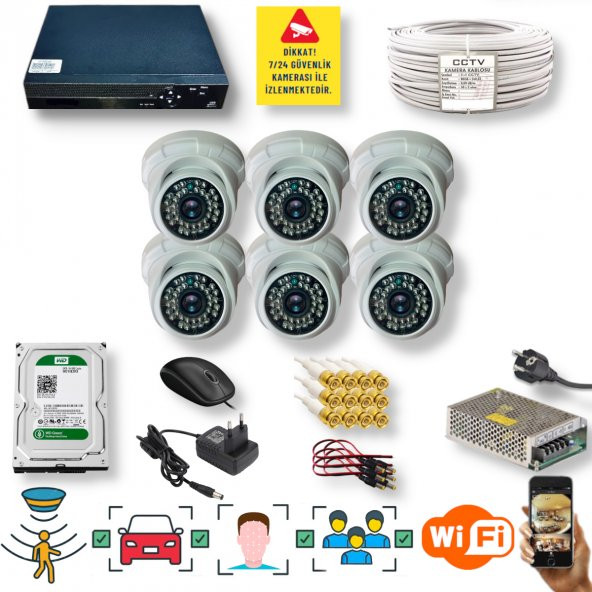 6 Kameralı Set - İnsan Yüz Hareket Algılayan 5MP Lens 36 IRLED 1080P İç Mekan Güvenlik Kamerası Seti D136B ürün görseli 1