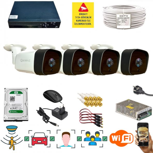 4 KAMERALI 1080P İNSAN YÜZ VE HAREKET ALGILAYAN METAL KASA 36 IR LED GÜVENLİK KAMERASI SETİ 5236 ürün görseli 1