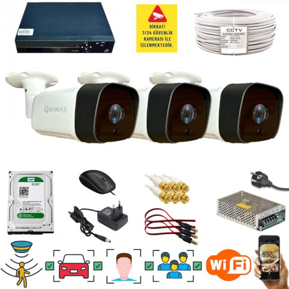 3 KAMERALI 1080P İNSAN YÜZ VE HAREKET ALGILAYAN METAL KASA 36 IR LED GÜVENLİK KAMERASI SETİ 5236 ürün görseli 1