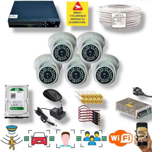 5 Kameralı Set - İnsan Yüz Hareket Algılayan 5MP Lens 36 IRLED 1080P İç Mekan Güvenlik Kamerası Seti D136B ürün görseli 1