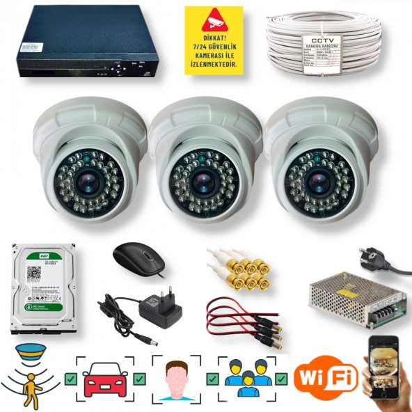 3 Kameralı Set - İnsan Yüz Hareket Algılayan 5MP Lens 36 IRLED 1080P İç Mekan Güvenlik Kamerası Seti D136B ürün görseli 1