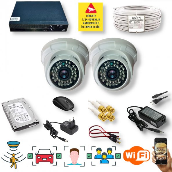 2 Kameralı Set - İnsan Yüz Hareket Algılayan 5MP Lens 36 IRLED 1080P İç Mekan Güvenlik Kamerası Seti D136B ürün görseli 1