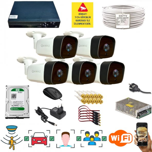 5 KAMERALI 1080P İNSAN YÜZ VE HAREKET ALGILAYAN METAL KASA 36 IR LED GÜVENLİK KAMERASI SETİ 5236 ürün görseli 1
