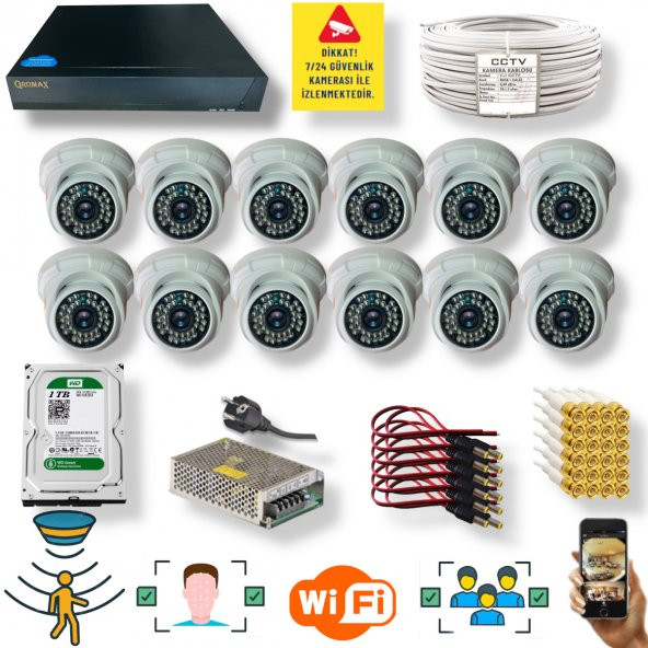 12 Kameralı Set- İnsan Yüz Hareket Algılayan 5MP Lens 36 IRLED 1080P İç Mekan Güvenlik Kamerası Seti D136B ürün görseli 1