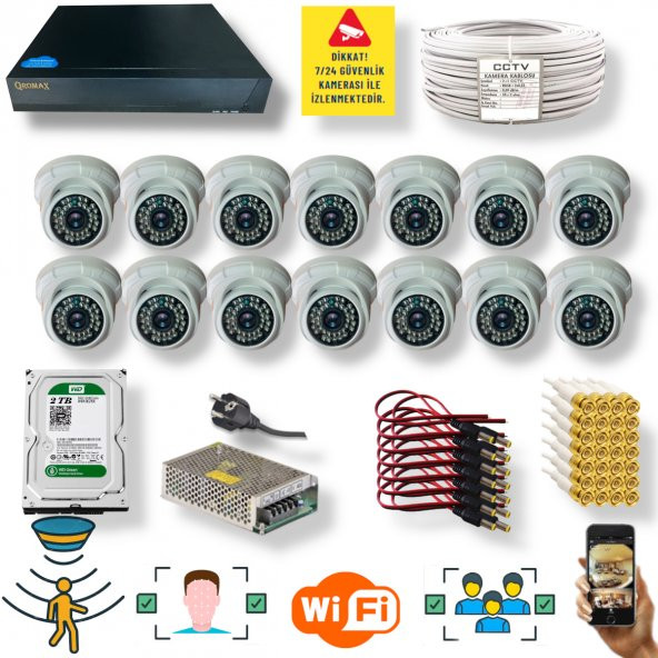 14 Kameralı Set- İnsan Yüz Hareket Algılayan 5MP Lens 36 IRLED 1080P İç Mekan Güvenlik Kamerası Seti D136B ürün görseli 1