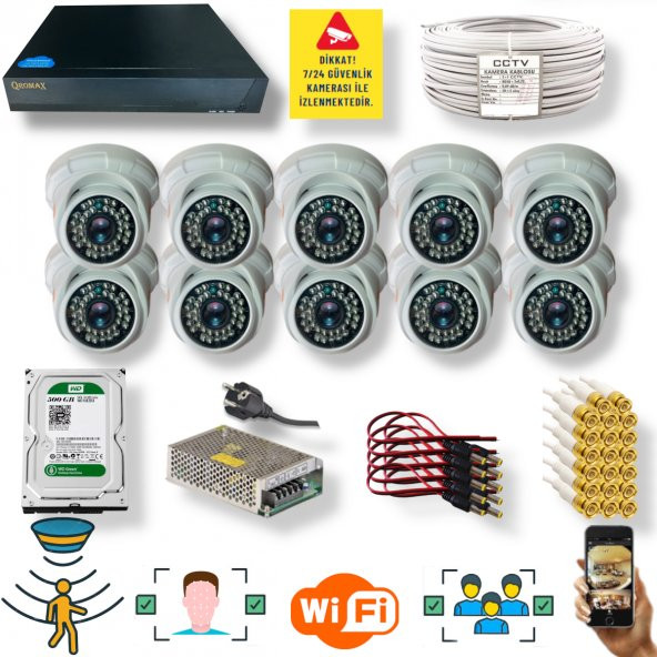 10 Kameralı Set- İnsan Yüz Hareket Algılayan 5MP Lens 36 IRLED 1080P İç Mekan Güvenlik Kamerası Seti D136B ürün görseli 1