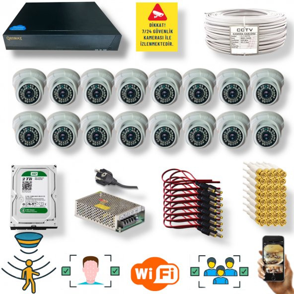16 Kameralı Set- İnsan Yüz Hareket Algılayan 5MP Lens 36 IRLED 1080P İç Mekan Güvenlik Kamerası Seti D136B ürün görseli 1