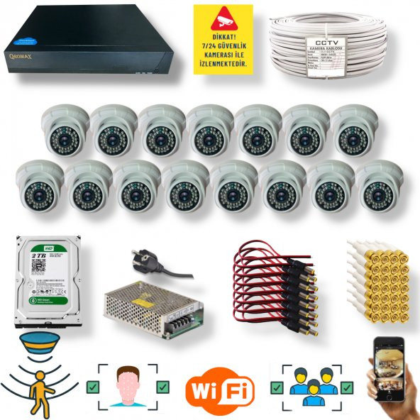 15 Kameralı Set- İnsan Yüz Hareket Algılayan 5MP Lens 36 IRLED 1080P İç Mekan Güvenlik Kamerası Seti D136B ürün görseli 1