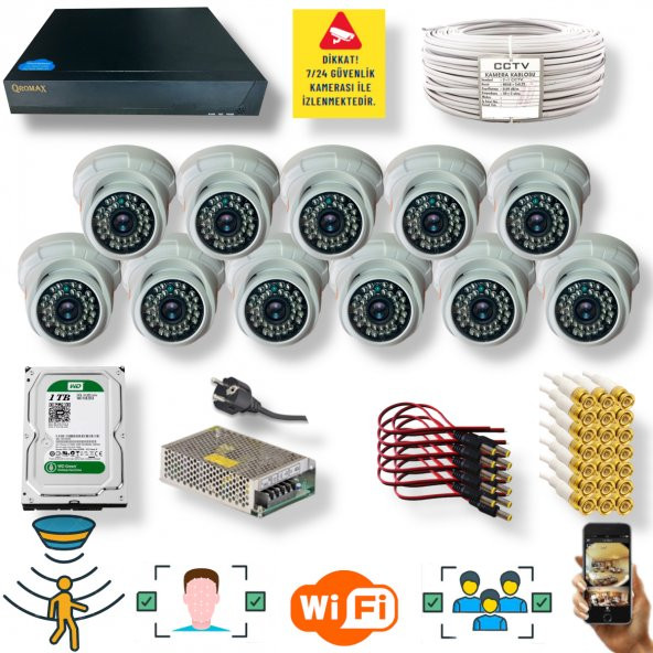 11 Kameralı Set- İnsan Yüz Hareket Algılayan 5MP Lens 36 IRLED 1080P İç Mekan Güvenlik Kamerası Seti D136B ürün görseli 1