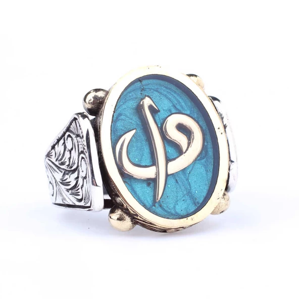 925 Ayar Gümüş ve Bronz Oval Mavi Mineli Elif Vav Harfli Erkek Yüzük ürün görseli 1