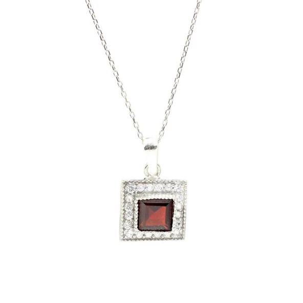 925 Ayar Gümüş Minik Kare Garnet Taşlı Kolye ürün görseli 1