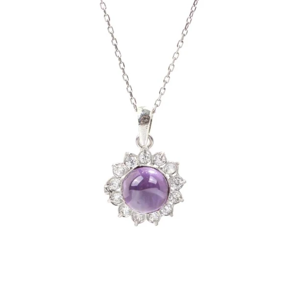 925 Ayar Gümüş Papatya Tasarım Ametist Taşlı Kolye ürün görseli 1