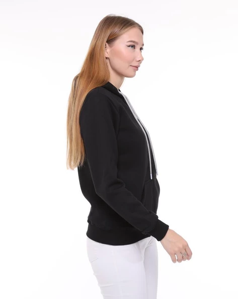 Backpacker Kadın Sweatshirt Kapüşonlu Fermuarlı Siyah - Resim 3