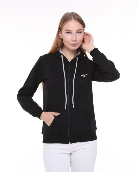 Backpacker Kadın Sweatshirt Kapüşonlu Fermuarlı Siyah - Resim 2