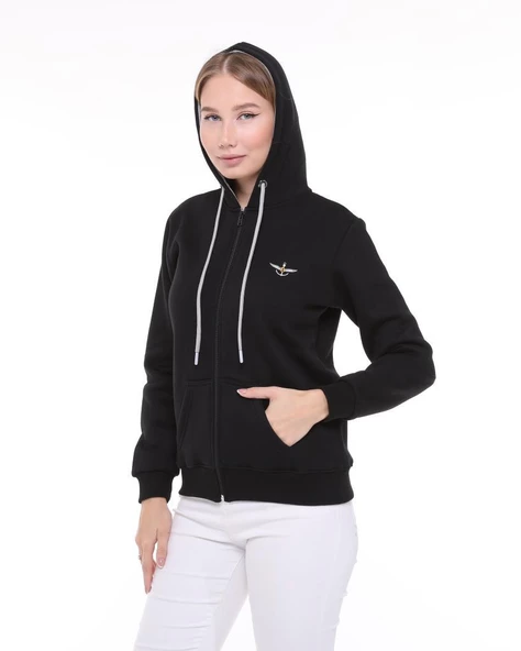Backpacker Kadın Sweatshirt Kapüşonlu Fermuarlı Siyah - Resim 4