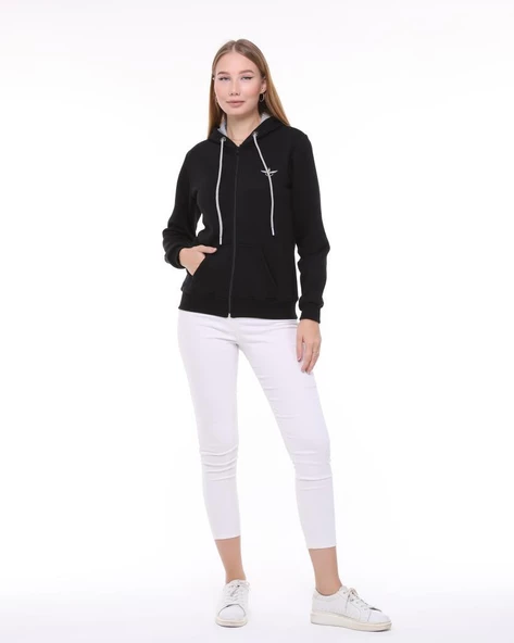 Backpacker Kadın Sweatshirt Kapüşonlu Fermuarlı Siyah ürün görseli 1