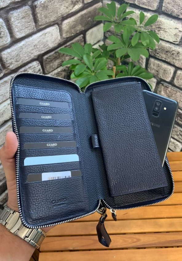 Guard Çift Fermuarlı Lacivert Hakiki Deri El Çantası Erkek / Kadın P3031 ürün görseli 1
