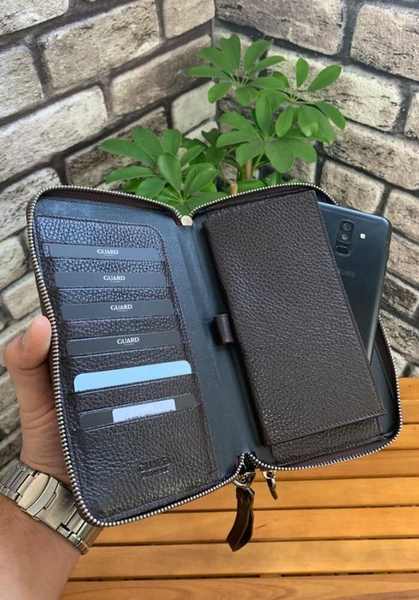 Guard Çift Fermuarlı Kahverengi Hakiki Deri El Çantası Erkek / Kadın P3031 ürün görseli 1