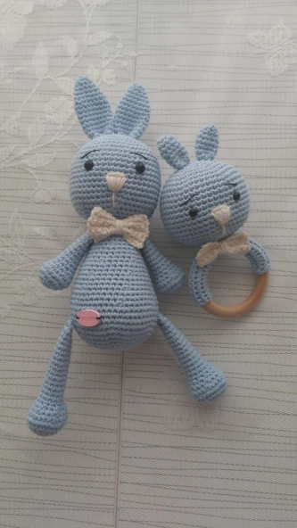 Sevimli Tavşan ve Çıngırak Amigurumi Organik Oyuncak ürün görseli 1