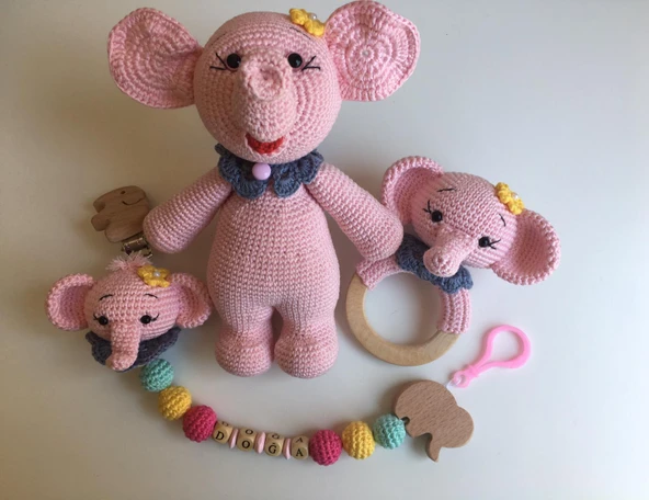 Şirin Fil Yeni Doğan Takımı Amigurumi Organik Oyuncak ürün görseli 1