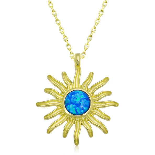 ​Gümüş Gold Mavi Opal Taşlı Güneş Kadın Kolye SL4809 ürün görseli 1