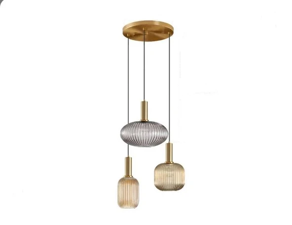 Rsylight Rustik Dekoratif Metal Modern Yuvarlak Eskitme Kaplama Bal Füme Opal Camlı 3 lü Avize ürün görseli 1