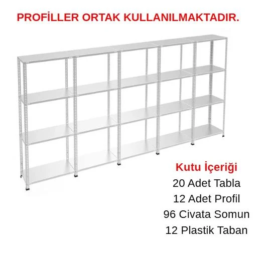 4 Katlı 5'li Galvaniz Çelik Raf - Depo, Arşiv, Kiler, Dosya, Market Rafı  59x93 cm 250 cm 1.00 mm ürün görseli 1