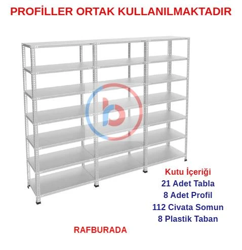 7 Katlı 3'lü Galvaniz Çelik Raf - Depo, Arşiv, Kiler, Dosya, Market Rafı  31x60 cm 150 cm 1.00 mm ürün görseli 1