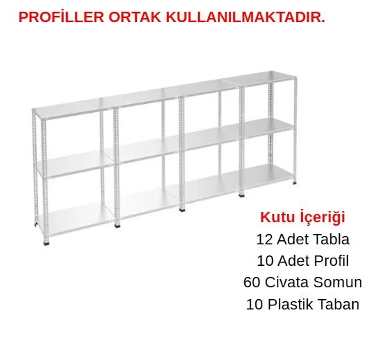 3 Katlı 4'lü Galvaniz Çelik Raf - Depo, Arşiv, Kiler, Dosya, Market Rafı  59x75 cm 150 cm 1.00 mm ürün görseli 1