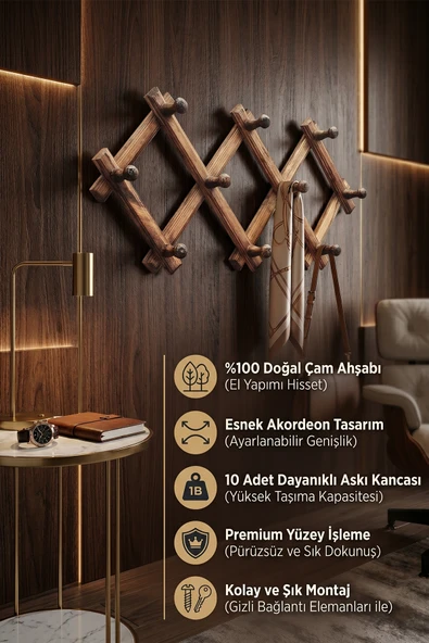 Doğal Ahşap Duvar Askısı Dekoratif Askılık Elbise Askılık Akordiyon Askılık Ceviz Renk ürün görseli 1