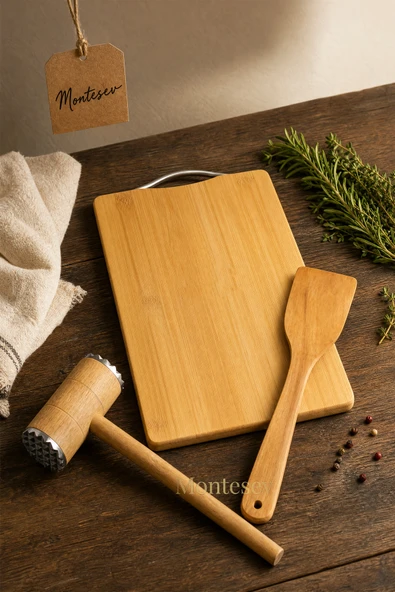 3 lü Et Döveceği Seti Et Dövücü İki Yönlü Et Yumuşatıcı Et Dövme Kesme Tahtası ve Çevirgeç Spatula ürün görseli 1