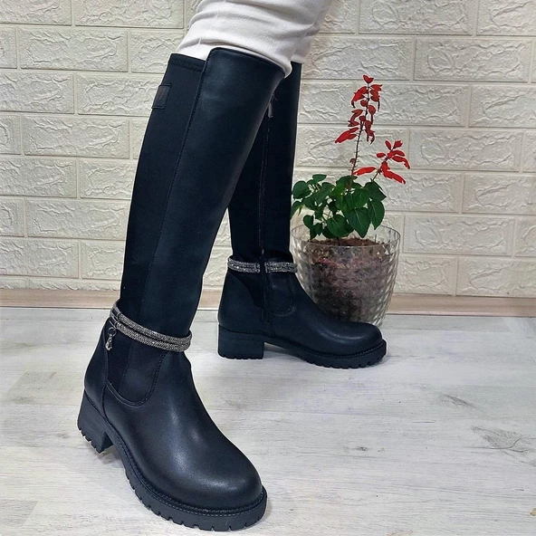 M.P 2753 Siyah Taşlı Ligralı Fermuarlı 45cm Bayan Çizme ürün görseli 1