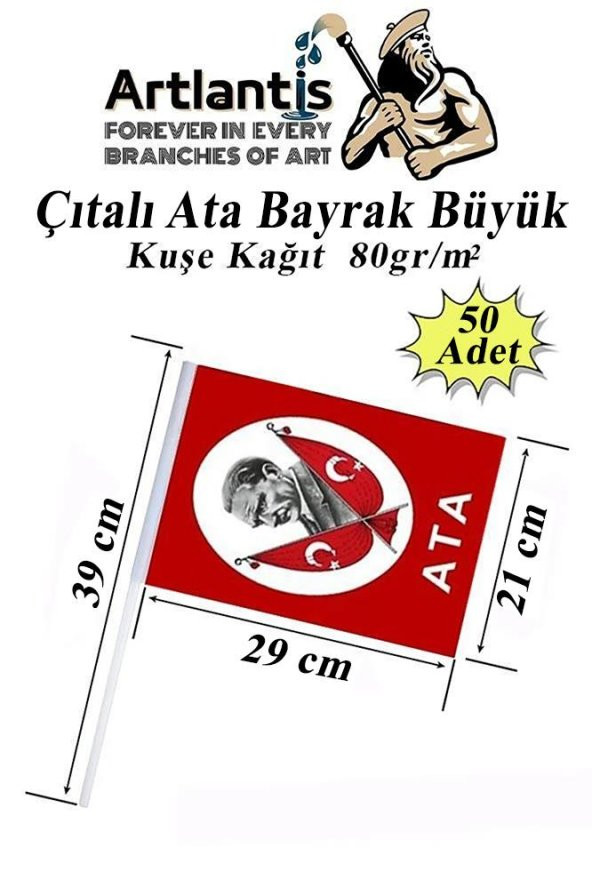 Çıtalı Ata Bayrak Kağıt 21x29 cm 50 Adet Atalı Bayrak Çıtalı Sopalı Büyük Bayrak Plastik Çubuklu Bayrak ürün görseli 1