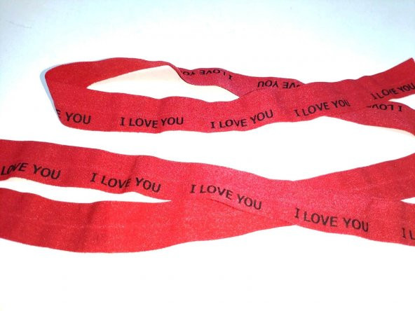 Hayal Sepeti Katlama Biye lastik - Kırmızı I LOVEYOU  eni 2,5cm Çamaşır Lastiği 5METRE ürün görseli 1