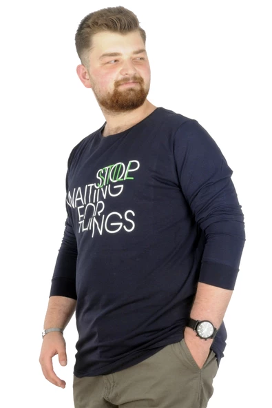 Mode XL Büyük Beden T-Shirt Bisiklet Yaka Stop Waiting 22201 Lacivert ürün görseli 1