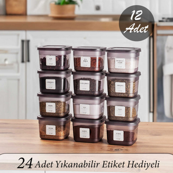 Porsima 430-GR Çok Amaçlı Etiketli Baharatlık Kahvaltılık 12 li Kapaklı Saklama Kabı 600 cc Antrasit ürün görseli 1