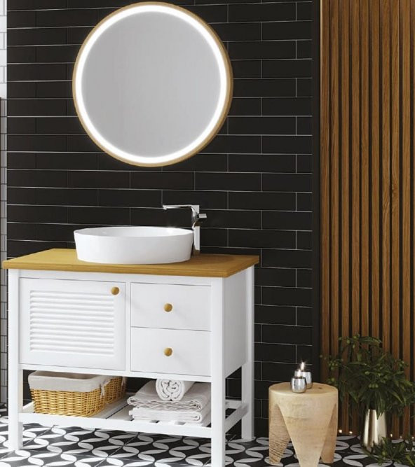 Denko Smarto 95 cm MDF Beyaz-Meşe Banyo Dolabı Aynalı Üst Modülü ürün görseli 1