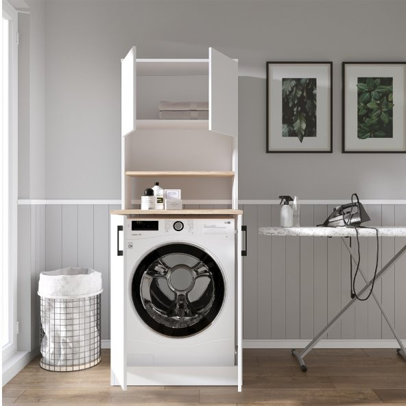 Teta Home Atlantik Çam- Beyaz  Çamaşır Makinesi Dolabı kapaklı + Kiler dolaplı ürün görseli 1