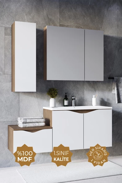 Teta Home Manila 100 cm MDF Banyo Seti + Boy Dolap  Kafkas Meşe-Beyaz ürün görseli 1