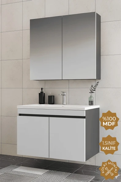 Teta Home Tokyo 65 cm MDF Banyo Dolabı Seti  Antrasit-Beyaz ürün görseli 1