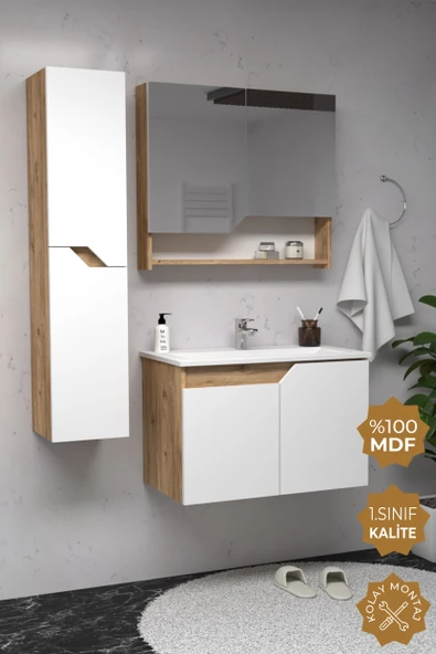 Teta Home Napoli 80 cm MDF Banyo Dolabı Seti + Boy Dolabı  Atlantik Çam-Beyaz ürün görseli 1