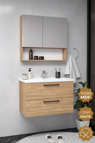 Teta Home Batum 80 Cm MDF Banyo Dolabı Seti  Teak ürün görseli 1