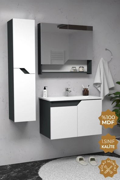 Teta Home Napoli 65 cm MDF Banyo Dolabı Seti + Boy Dolabı  Antrasit-Beyaz ürün görseli 1