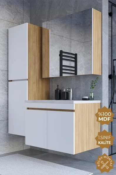 Teta Home Tokyo 65 cm MDF Banyo Dolabı Seti + Boy Dolabı  Teak-Beyaz ürün görseli 1