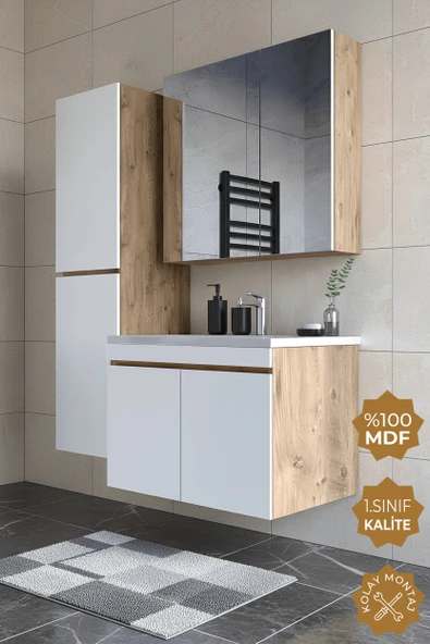 Teta Home Tokyo 80 cm MDF Banyo Dolabı Seti + Boy Dolabı  Atlantik Çam-Beyaz ürün görseli 1