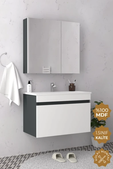 Teta Home Mersin 80 cm MDF Banyo Dolabı Seti  Antrasit-Beyaz ürün görseli 1