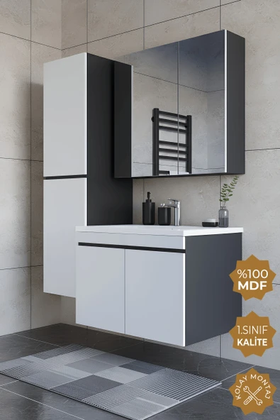 Teta Home Tokyo 80 cm MDF Banyo Dolabı Seti + Boy Dolabı  Antrasit-Beyaz ürün görseli 1