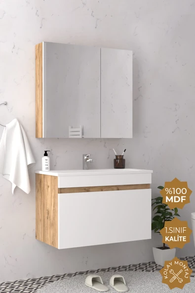 Teta Home Mersin 80 cm MDF Banyo Dolabı Seti  Atlantik Çam-Beyaz ürün görseli 1